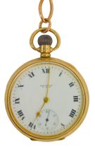 A 9ct gold open faced pocket watch, circular white enamel dial bearing Roman numerals, subsidiary se