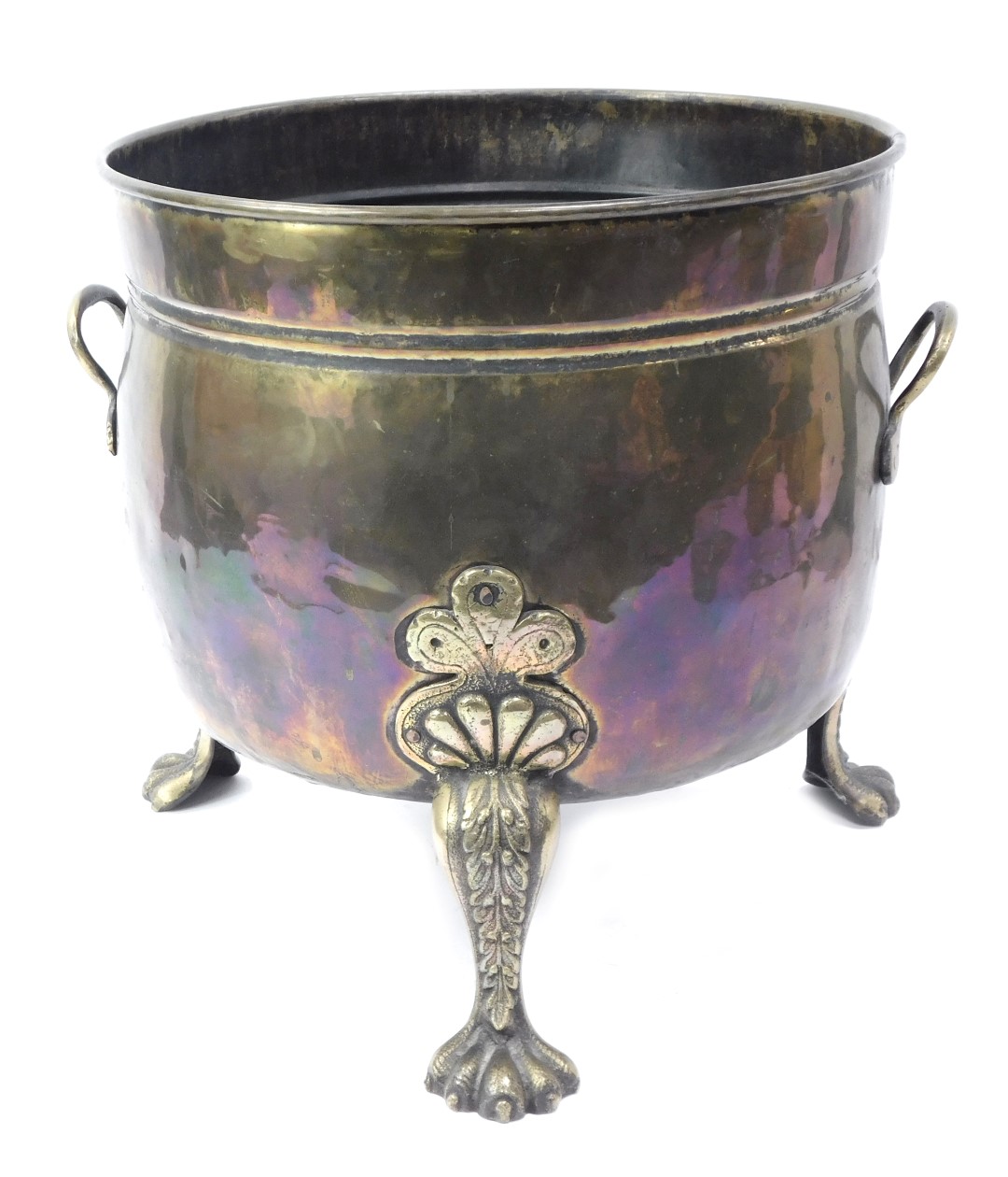 A late Victorian copper and brass two handled log bucket, the copper body of cylindrical form, raise