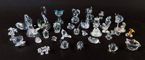 A group of Swarovski and Swarovski style crystal animals, to include swan, bird table, chicks, palm