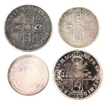 Four George II and later silver coins, comprising half crown 1746, half crown 1817, Charles II crown