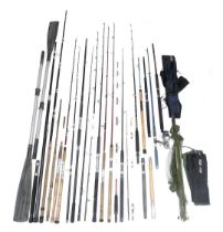 Fishing rods and reels, to include an Omni 070 bearing, two boat oars, split cane fishing rods, fibr