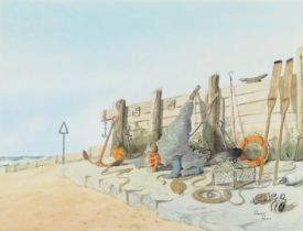 Robert Horne (20thC School). Fishing equipment by dock and beach, watercolour, signed, 30cm x 39cm,