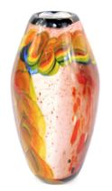 A 20thC glass vase, of oviod form with white and red base with multicoloured swirl decoration, 27cm