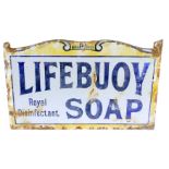 An early 20thC Lifebuoy Soap enamel advertising sign, with wall mounted section, on a white and yell