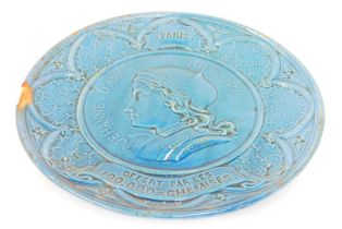 A late 19thC French relief moulded plate, bust of Joan of Arc, a titled reserve "of Paris", above a