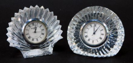 A Waterford Crystal shell mantel clock, 7cm high, and another unmarked, 8cm high. (2)