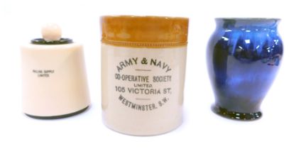 A Bourne Denby Co-operative Society stoneware jar and cover, 13cm high, together with a Grantham Co