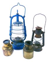 Two early 20thC Tilley lamps, comprising one in a painted blue steel carry case, 38cm high and anoth