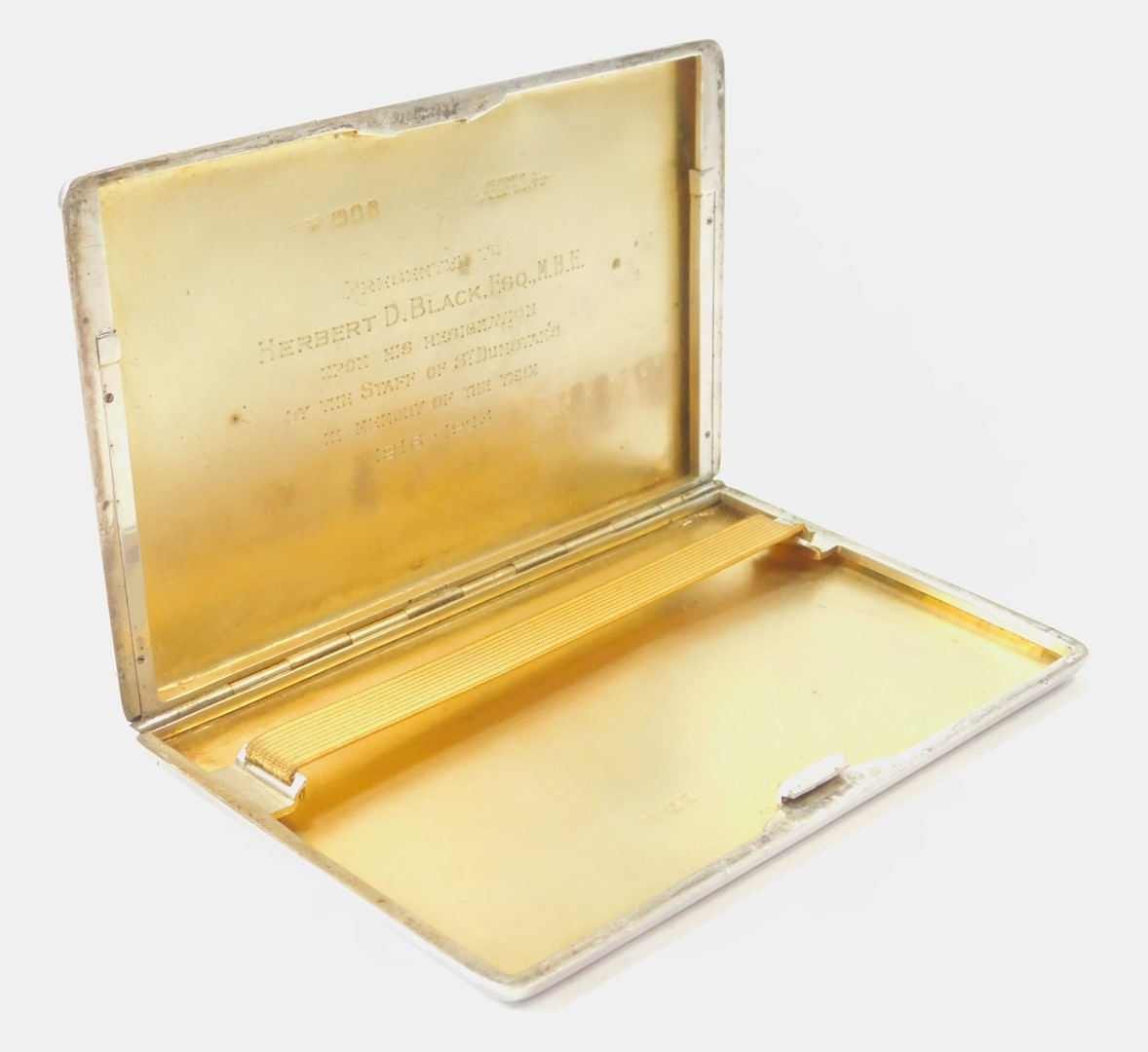A George V silver cigarette case, of rectangular form with engine turned engraved striped decoration - Image 2 of 3