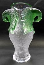 A Lalique glass Presse Papiers Macao vase, in green and white frosted glass, of baluster form with t