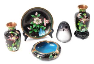 A group of cloisonne wares, comprising a pair of miniature vases, ashtray, side plate, and an RJM gl