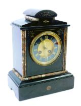 A Victorian black slate and marble mantel clock, brass dial with black chapter ring bearing Roman nu