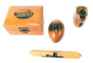 A group of Mauchline ware, comprising a Glasgow Cathedral thimble case, Winchester Cathedral reel ca
