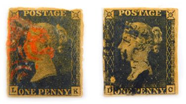 Two Victorian penny black stamps, comprising LK with red cancellation stamp and DC with black cancel