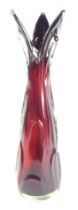 A 20thC ruby Art Glass vase, with three point top, with flared and raised body, on a red ground, 47c