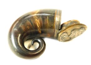 A 19thC snuff horn, with silver lift lid bearing crest G F White, Westfield 1862, with cork stopper,