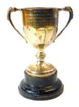 A George VI silver trophy cup, with swag reeded handles, engraved replica, Cooperative Wholesale Soc