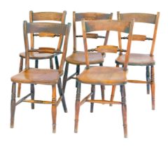 An associated set of five 19thC Oxford bar back chairs, each with a solid back and turned rail, on a