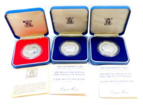 Three silver proof collector's coins, comprising His Royal Highness Prince and Wales and Lady Diana