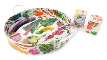 An Emma Bridgewater enamel two handled tray in the Vegetable Garden pattern, 39cm diameter, together