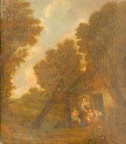 19thC School. Figures in woodland cottage, oil on canvas, in gilt frame, 62cm x 50cm.