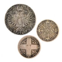Three 18thC and later coins, comprising an Archid Avst 1780 Austria Maria Thaler, Victorian half cro
