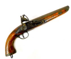 An early 19thC Belgian Sea Service flintlock pistol, with steel barrel stamped ELG (Belgian proof ma