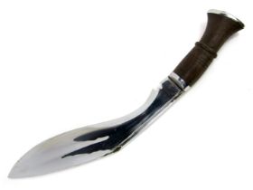 An Indian Kukri, with wooden handle, on curved steel blade, in leather scabbard (AF), length of blad