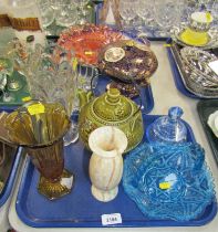 An onyx bud vase, pink glass flared rim bowl, various decorative glassware, green mottled finished t