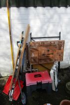 A group of garden tools, to include shovels, rake, spirit level, Black & Decker workbench, etc. (a q