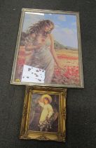 Two prints, comprising female in poppy fields in ornate gilt frame, and a child carrying basket of f