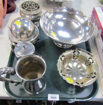 Silver plated wares, comprising tankard, teacup, butter dish with domed top and centre bowl. (1 tray