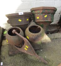 Two cast iron drain hoppers, together with a boot scraper, and two small garden planters. (5)