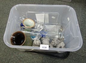 A group of glassware, studio pottery vase, elephant ornaments, glass paperweight, etc. (1 box)