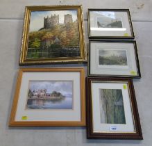 Pictures and prints, to include J C Madgin (20thC School). Durham castle, oil on board, Ball, print,