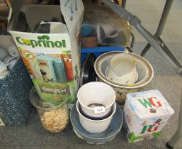 Various plant pots, Cuprinol spray and brush sprayer, terracotta planters, crop propagator, etc. (a