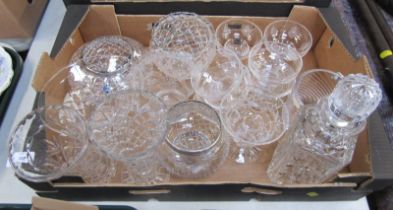A group of cut glassware, to include a square decanter and stopper, 28cm high, rose bowl, sundae dis