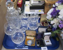 A cut glass decanter, wine glasses, Wedgwood jasperware pendant and chain, trinket boxes, etc. (1 tr