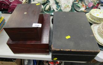 Three boxes, comprising a 19thC writing box, 19thC storage box with mother of pearl inlay, empty rec
