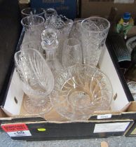 A collection of glassware, comprising decanters, vases, central bowl, etc. (1 box)