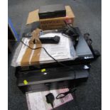 A Panasonic DVD player, printer, Kenwood disk charger, etc.