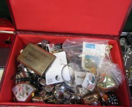 A maroon leatherette jewellery box and contents, comprising costume jewellery, wristwatches, pill bo