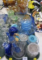 Decorative glassware, comprising blue glass centre dish and six trays, candle stands, green glasswar