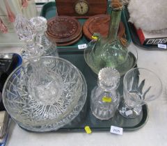 Decorative glassware, including a cut glass bowl, green glass wine cooler, three decanters, goblet,