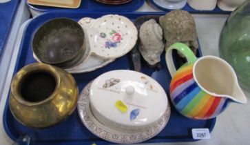 A rainbow jug, butterfly soap dish and cover, a brass bowl and a hammered brass vase, composite gard