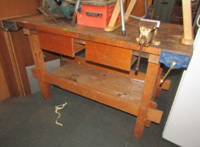 A work bench, with rectangular oak top and pine under tier, with three vice attachments, 89cm high,