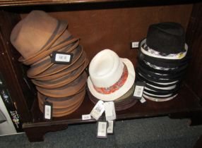 Various hats, to include brown felted Trilbies, cord Trilbies, etc. (1 box)