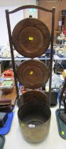 A three tier oak cake stand, and an Indian engraved brass jardinere. (2)