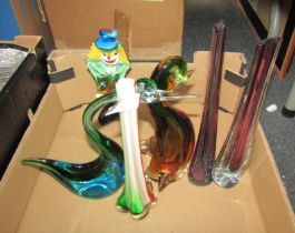 A Murano glass style clown, together with coloured glass vases, etc.