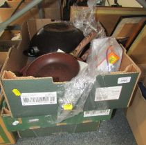 Kitchenalia, pots, pans, serving trays, baking trays, etc. (3 boxes)